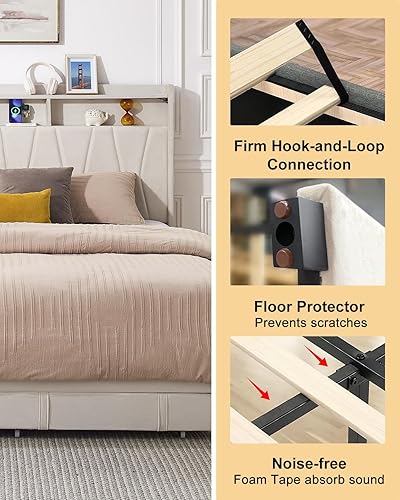 Miniatura 7 de Base de cama Queen con plataforma LED tapizada de terciopelo con almacenamiento de cabecero, cama Queen con estación de carga integrada con 2