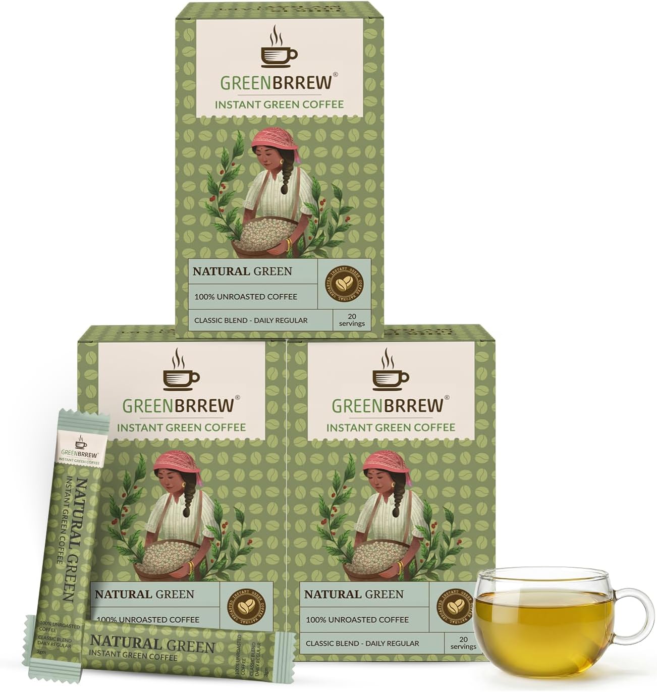 Greenbrrew Instant Natural Green Coffee Powder, 60 Sachets, 180g | Antioxidant Rich Unroasted Coffee for Weight Management & Metabolism | Vegan, Decaf, Probiotic Drink Mix
