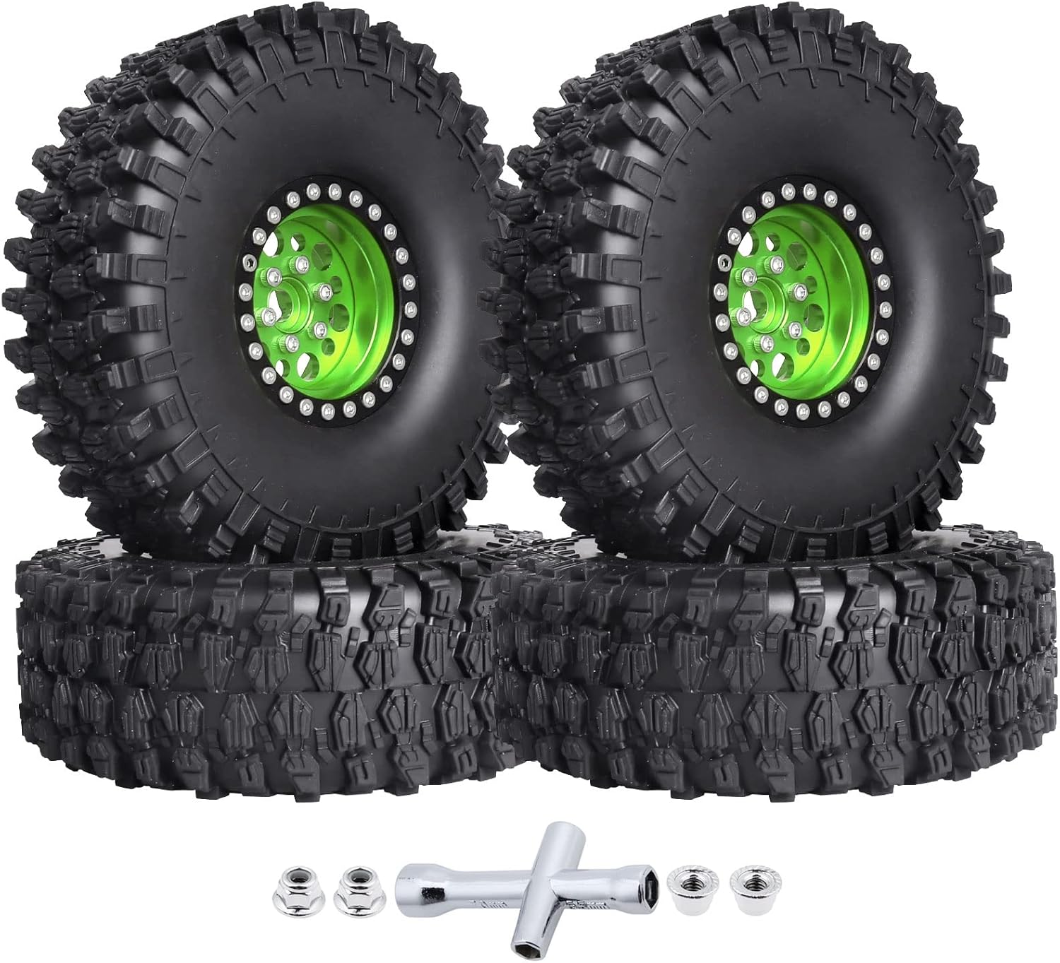 HobbyPark 120mm / 4.72inch 1.9 Crawler Tires and 1.9 Beadlock Wheels Set Foam Inserts for Axial SCX10 II III Traxxas TRX-4 Redcat Gen8 Gen7 Upgrades Replacement Parts (4-Pack) (Green&Black)