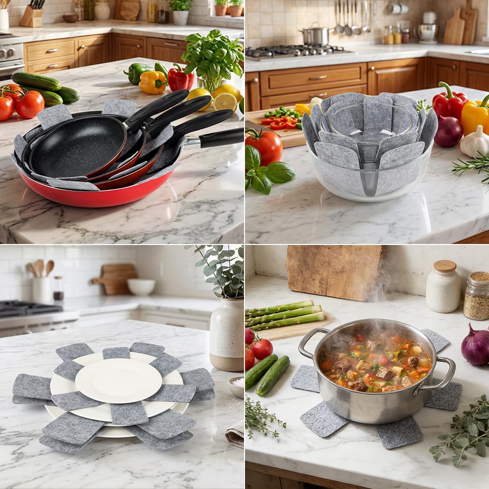 BOYAN Protectores para ollas y sartenes, juego de 12 y 3 tamaños diferentes, almohadillas divisoras de utensilios de cocina, protectores de sartenes apilables, almohadillas separadoras de ollas para