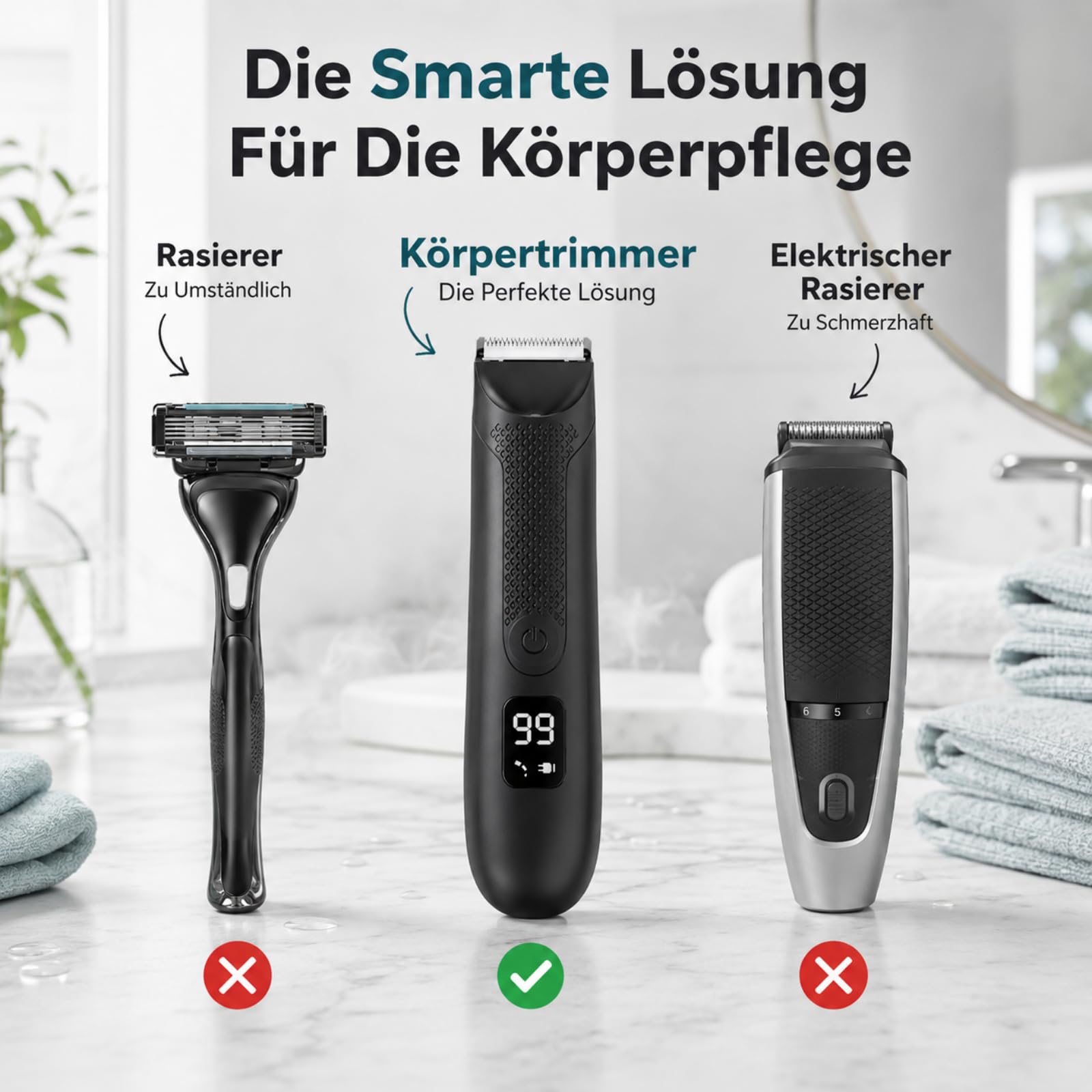 Körperhaartrimmer Herren mit LED Licht und Langem Akku Wasserdichter Bodygroomer mit Keramikklinge für Achseln Brust und Intimbereich