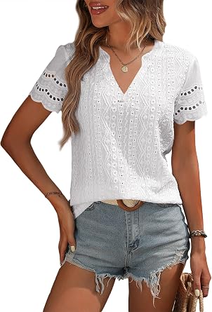 EVALESS Summer Tops for Women V Neck Short Sleeve Lace Eyelet Tops Dressy Casual Blouses 2026 Trendy