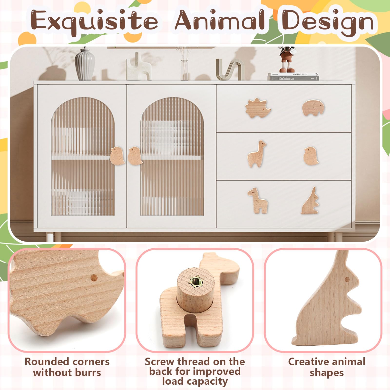 6 Stück Schrankknöpfe Holz fur Kinderzimmer, Möbelknöpfe Tierformen,Holzknöpfe Kommode mit Schrauben, Holz Schubladengriff, Holzgriffe für Schränke Türknöpfe für Kinder