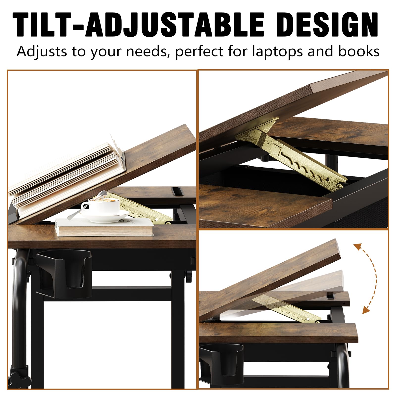 VEDECASA Escritorio sobre cama con ruedas, mesa ajustable para laptop con cajón y escritorio inclinable, estación de trabajo móvil para cama, sofá y oficina en casa, color marrón