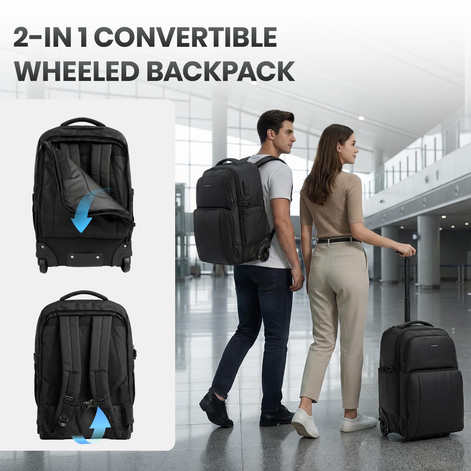 Hivexagon Mochila de Viaje de 37 L con Ruedas, Gran Capacidad, con Cerradura de contraseña, Ruedas silenciosas y duraderas, Correas Ocultas para Viajes o Negocios