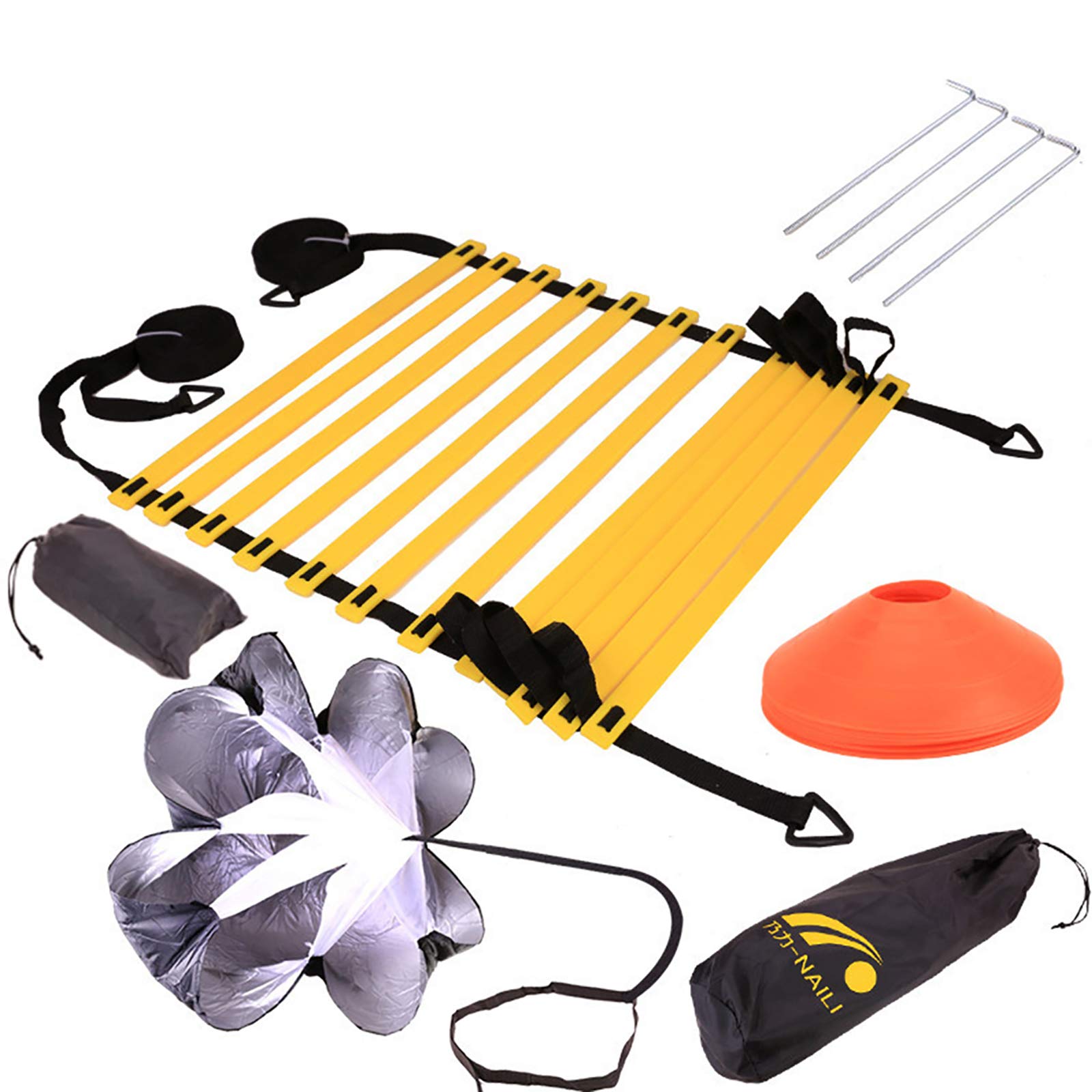 Seiwei - Kit di allenamento per velocità e agilità, per rafforzare la velocità del piede e rafforzare la scala, paracadute, 5 coni a disco, 4 picchetti in acciaio per allenamento personale e forza.