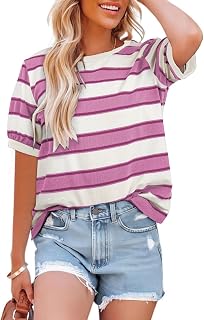 Womens Summer Tops 2025 Striped Color Block Short Sleeve T-Shirts Crewneck Casual Loose Basic Tee Blouses