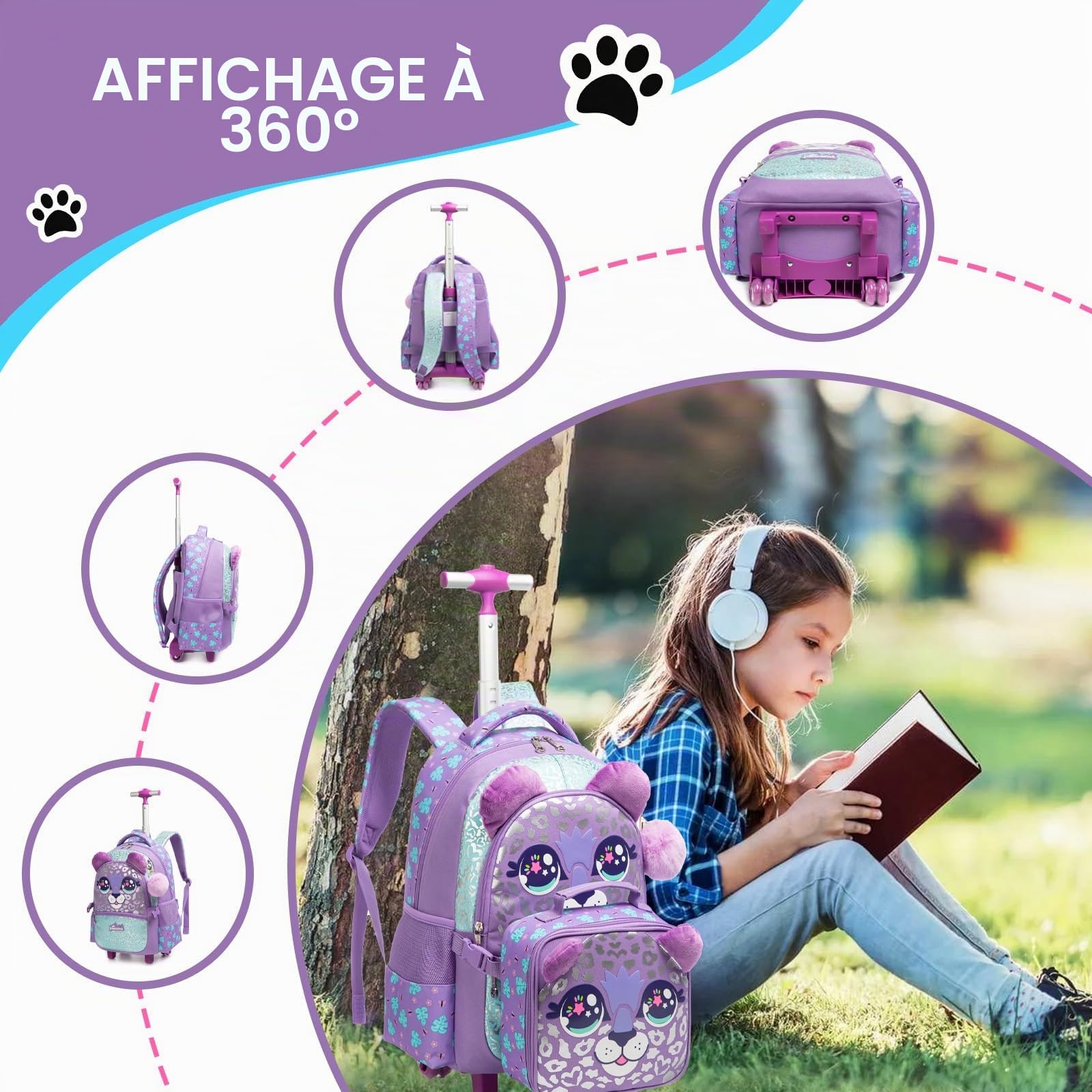 Sac a Dos Animal Enfant Roulette Fille Primaire Valise École Maternelle Sacs à D'école pour Voyage Cabine de Bagages 17" 3PCS Ensemble Grand Cartable Étudiant Simple Violet
