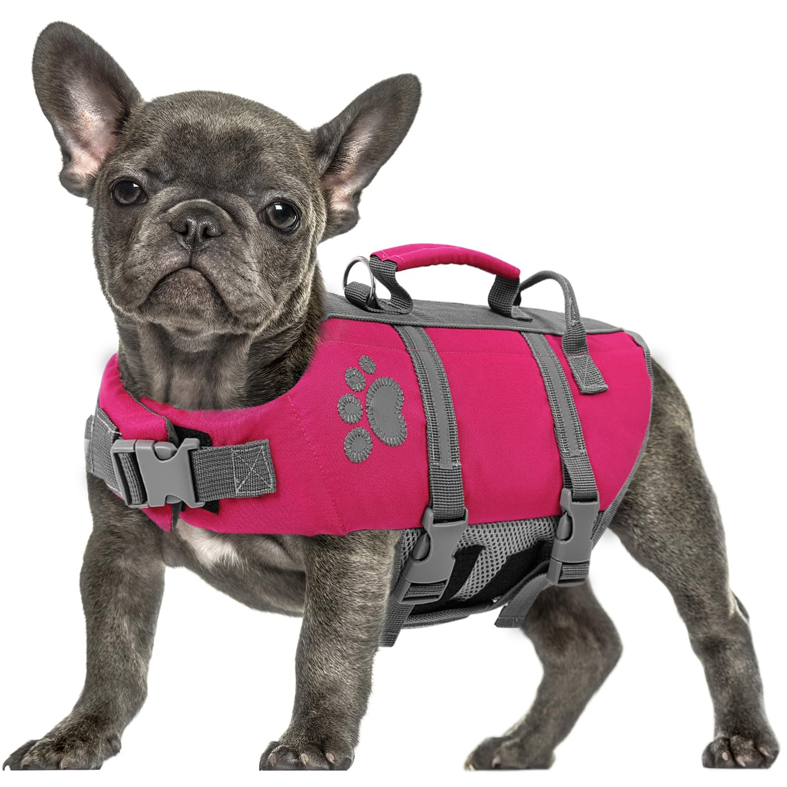 Queenmore Hundeschwimmweste Große Hunde, Ripstop Schwimmweste Hund, Verstellbare Hunde Schwimmwest Mit Griff, Reflektierende Schwimmweste Französische Bulldogge, Kajak Bootfahren, Rosa, L