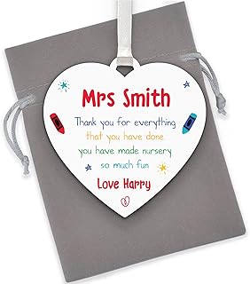 Thank You Nursery Teacher Gifts, Nursery Gifts For Teachers, Nursery Wooden Hanging Heart Plaque Gifts, PERSONALISED Gifts For Nursery School, End Of Term Nursery Leaving Gifts, With Grey Bag