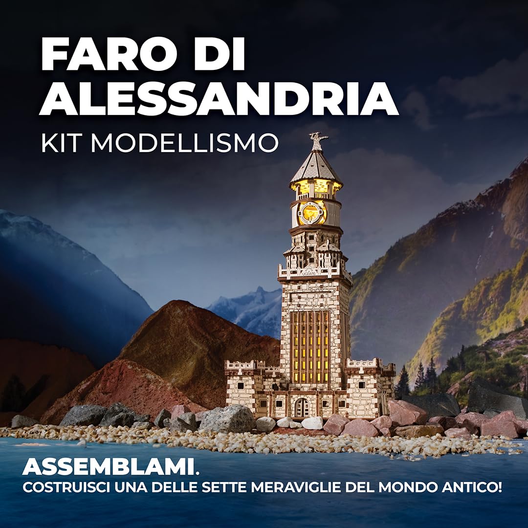 Ugears Faro di Alessandria 3D Puzzle - Kit Fai Da Te per Adulti 3D Puzzle in Legno per Adulti con LED Notturno - Kit di Modelli da Costruire Artigianato Puzzle in Legno Regalo Perfetto - 340 Pezzi
