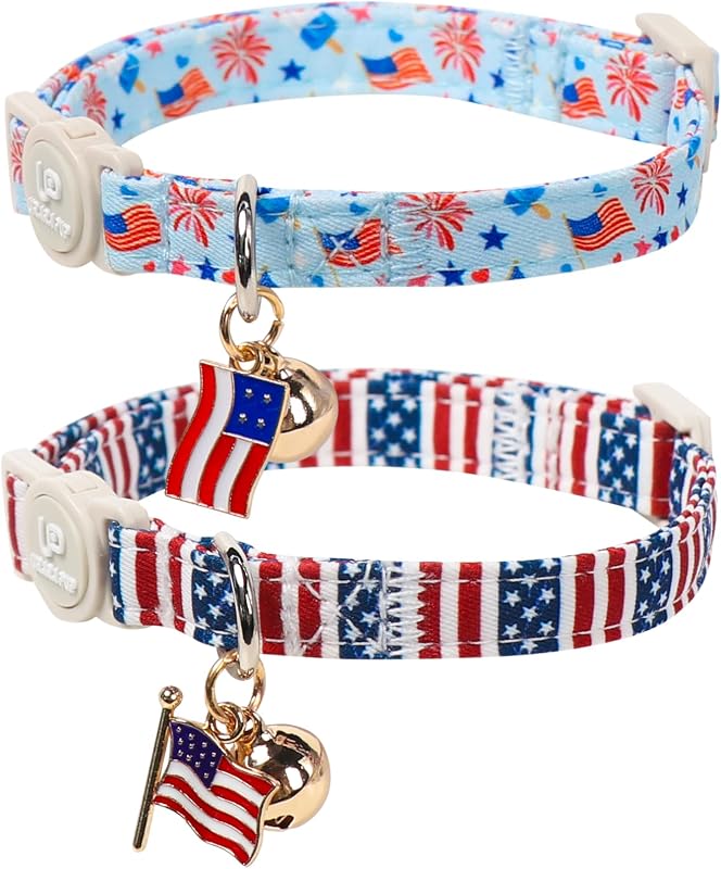 Coleira para Gatos com Fivela Breakaway, Sino e Estampas da Bandeira dos EUA UP URARA PUP, Pacote com 2