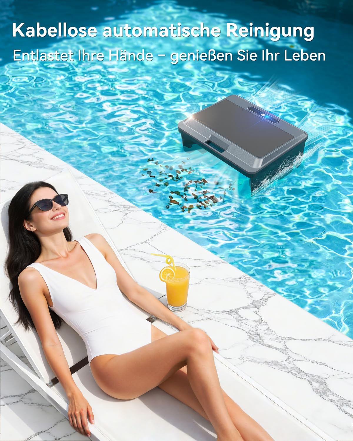 WAVIO 2026 Neu F1T Solar Pool Skimmer Roboter, Poolroboter Akku mit App-Steuerung, Duale Ladeoptionen, intelligenter Hindernisvermeidung und 24/7 Kontinuierliche Reinigung, ideal für Aufstellpools