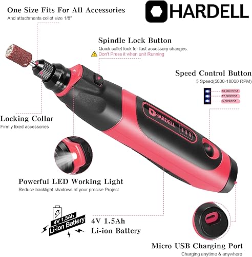 Miniatura 2 de HARDELL Herramienta rotativa inalámbrica de 4 V, kit de mini herramientas rotativas mejoradas de 18000 RPM con 74 accesorios, herramienta rotativa