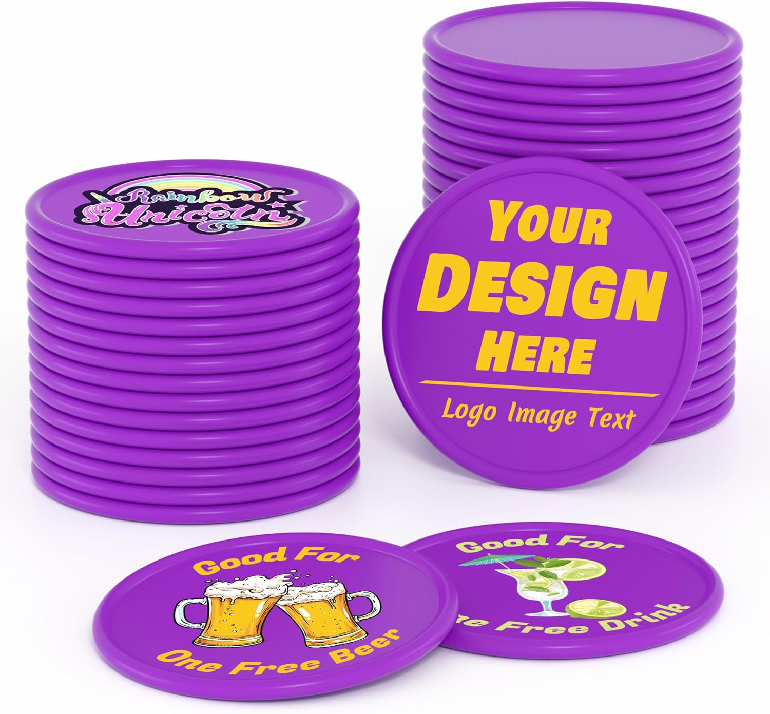 200-1000 Custom Plastic Poker Chips, Drink Token Chips Personalized Double Sided Full Color Printing with Logo Image Text, Custom Tokens for Bar, Party, Business Cards and Promotions