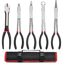 Needle Nose Pliers Set 5Pcs, Extra Long Reach Plier Set, 90&45 Bent Nose Pliers, Circle Nose/Diagonal Pliers for Narrow Spaces, 11" Long Reach Straight Plier for Wire Bending, Trimming