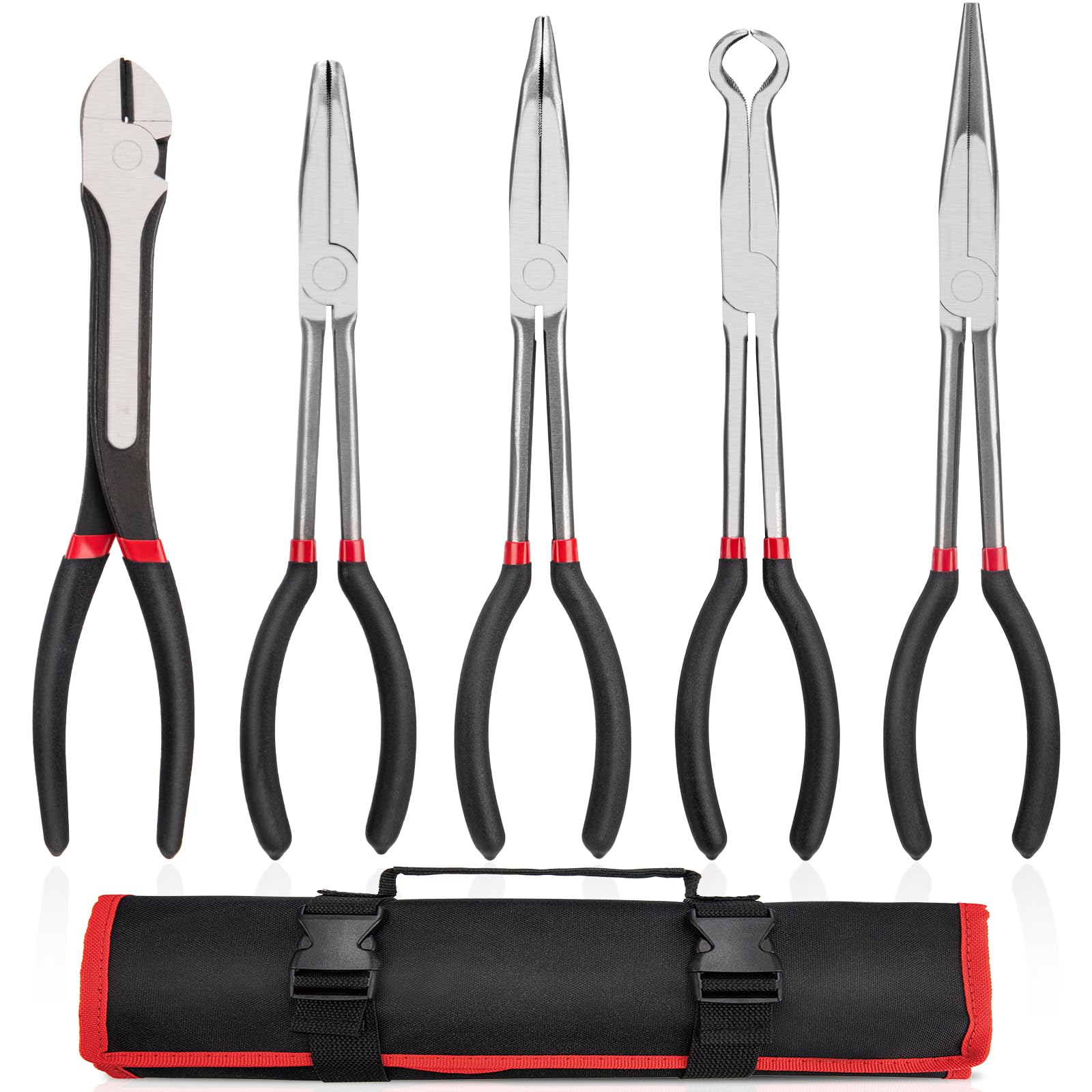 Set di pinze di precisione extra lunghe da 28 cm, 5 pezzi, dritte/piegate a 45°/90°, cerchi/diagonali, set di pinze a becco lungo con manici antiscivolo, ideali per spazi ristretti, piegatura di fili