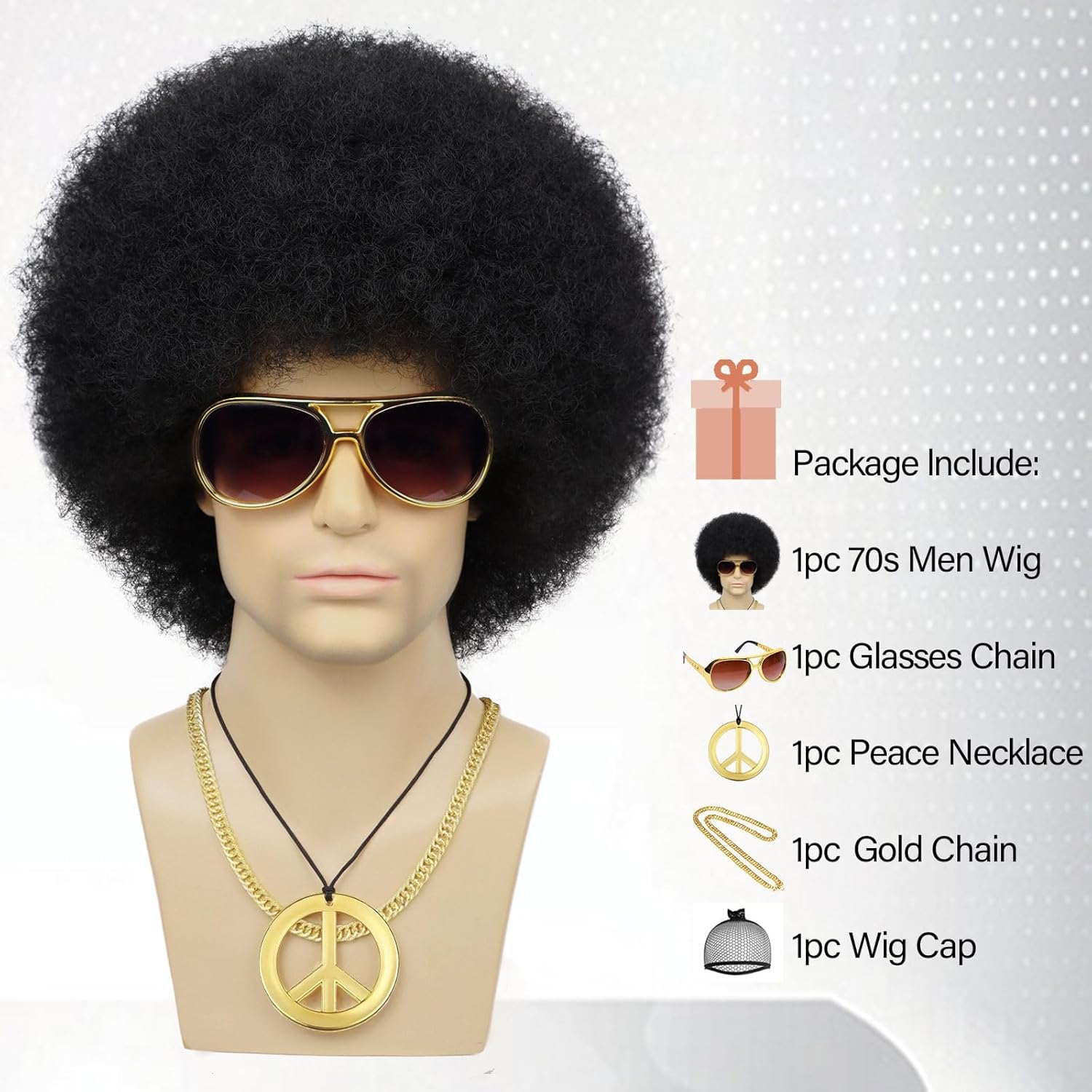 70s Mens Afro Wig + Glasses+ Golden Chain+ Peace Sign Necklace+ Wig Cap Black Short Curly Puff Afro Wigs for Retro Disco Outfit Men Party Cosplay Costume Halloween Use(5pcs Set) - Image 7