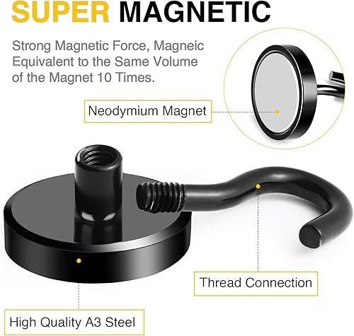 Vista 54 de Diymag Ganchos magnéticos, resisten 80 lb, 20 unidades, neodimio de tierras raras fuertes para colgar, colgador magnético para cortina, hogar, Negro