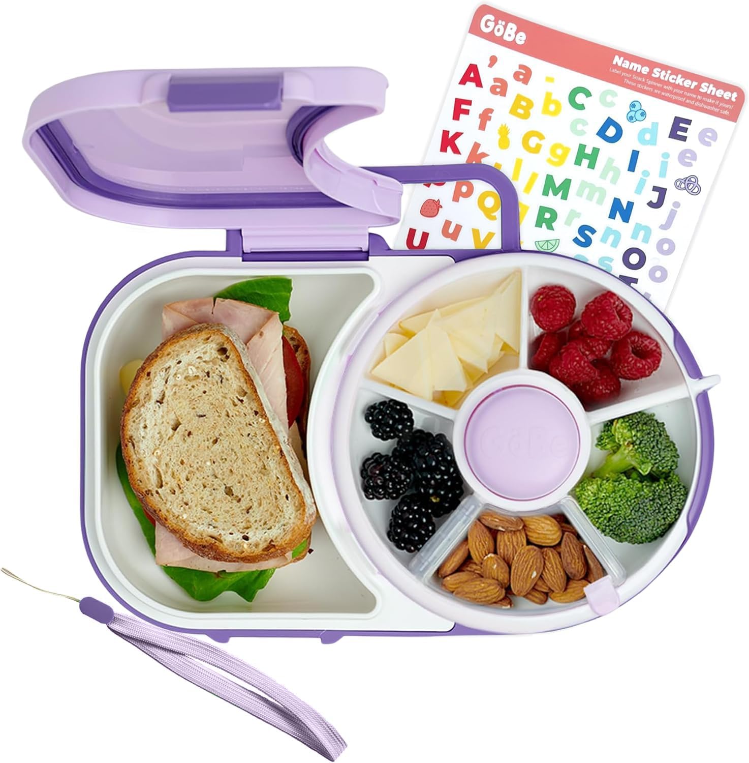 Kids Lunchbox with Small Snack Spinner Flip - Bundle with Hand Strap & Sticker Sheet, 2-in-1 Bento Style Lunch Container, 5 Small +1 Large Sandwich Compartment, BPA & PVC Free - Taro Purple