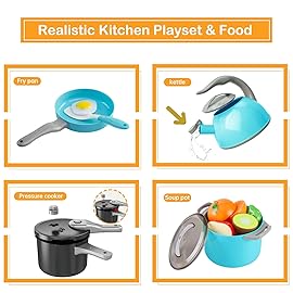 Zero Zoo 105Pcs Kids Kitchen Toy Accessories, Toddler Pretend BBQ Camping Cooking Playset, Play Pots, Pans, Utensils Cookware Toys, Play Food Set, Vegetables, Learning Gift for Girls Boys (Turquoise)