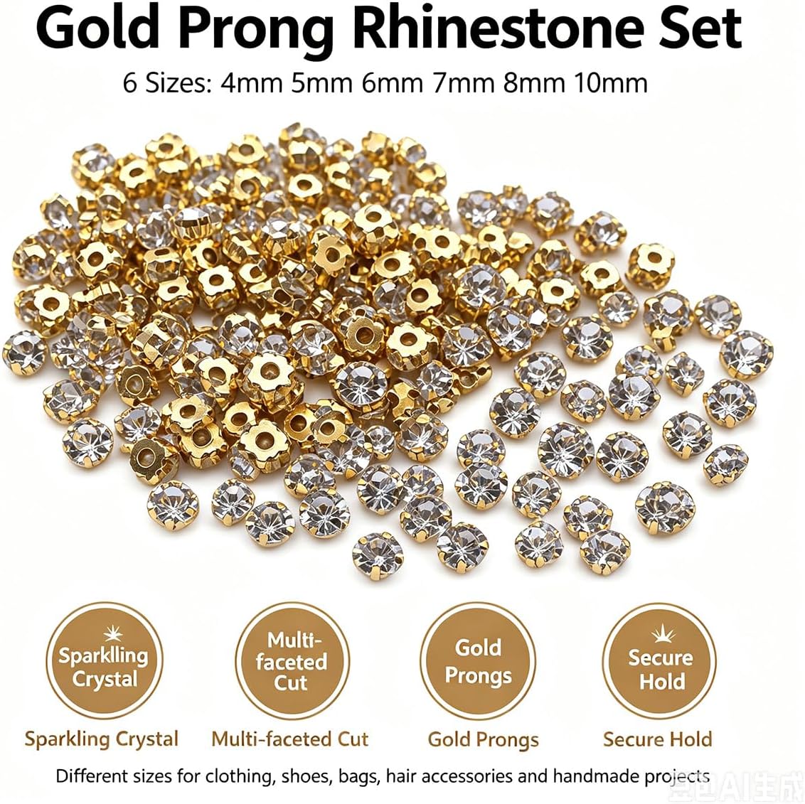 Gold Claw Sew On Rhinestones with Metal Prongs, 6mm, 400pcs image 2
