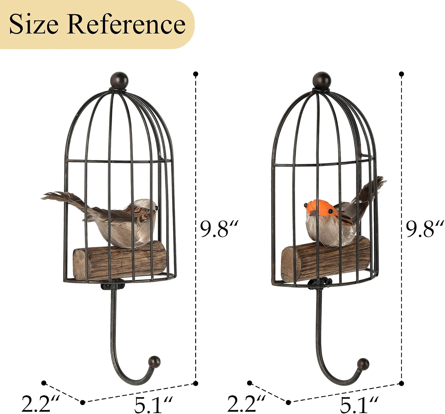 SOFFEE DESIGN Set of 2 Bird in Cage Hooks, Realistic Grass & Twig Bird with Playful Expression, Whimsical Entryway Organizer for Keys or Towels