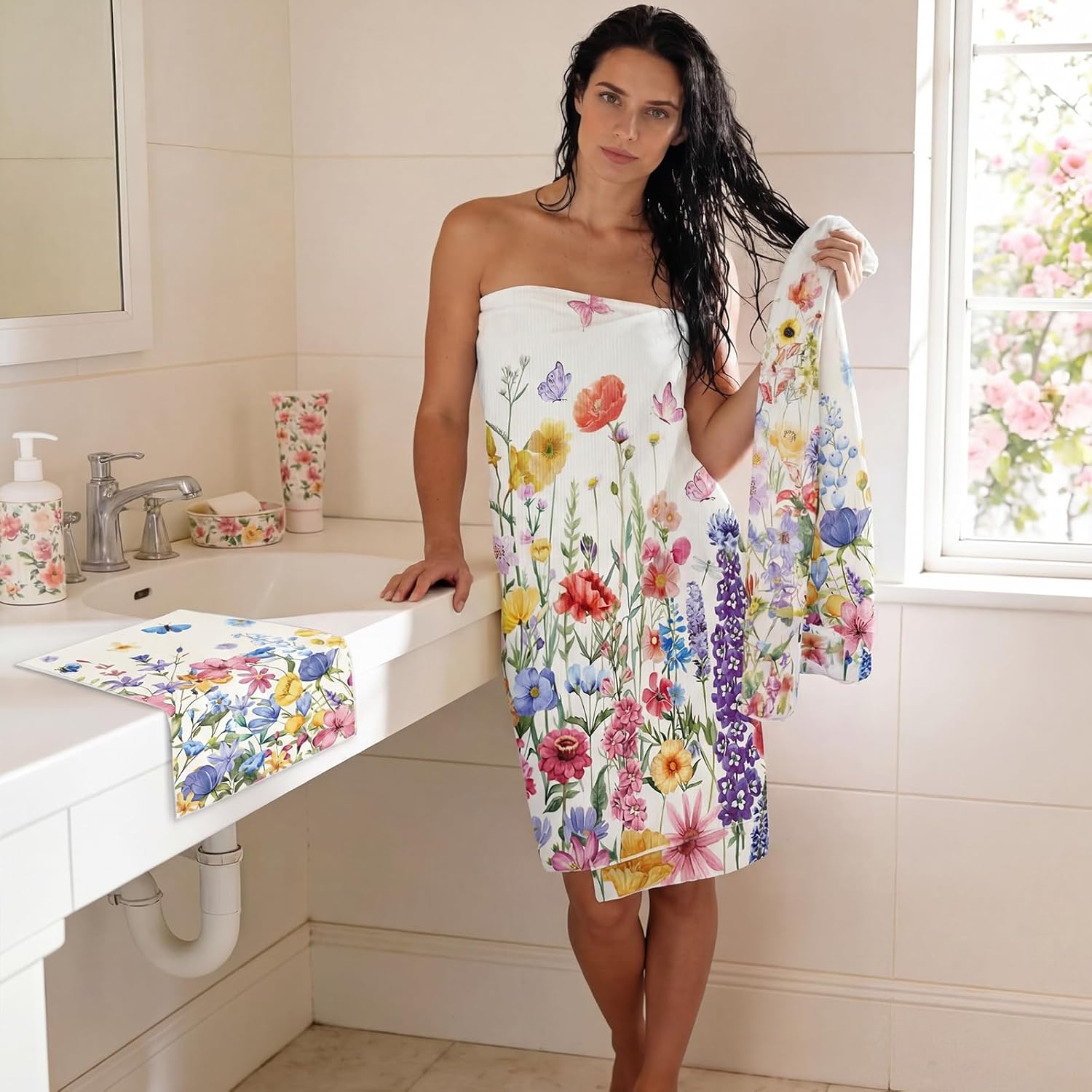 Moukeren Set of 3 Wildflower Bath Towels Floral Bath Towel Hand Towel and Washcloth Soft Absorbent Decorative Towels for Bathroom Kitchen Hotel Gym Spa