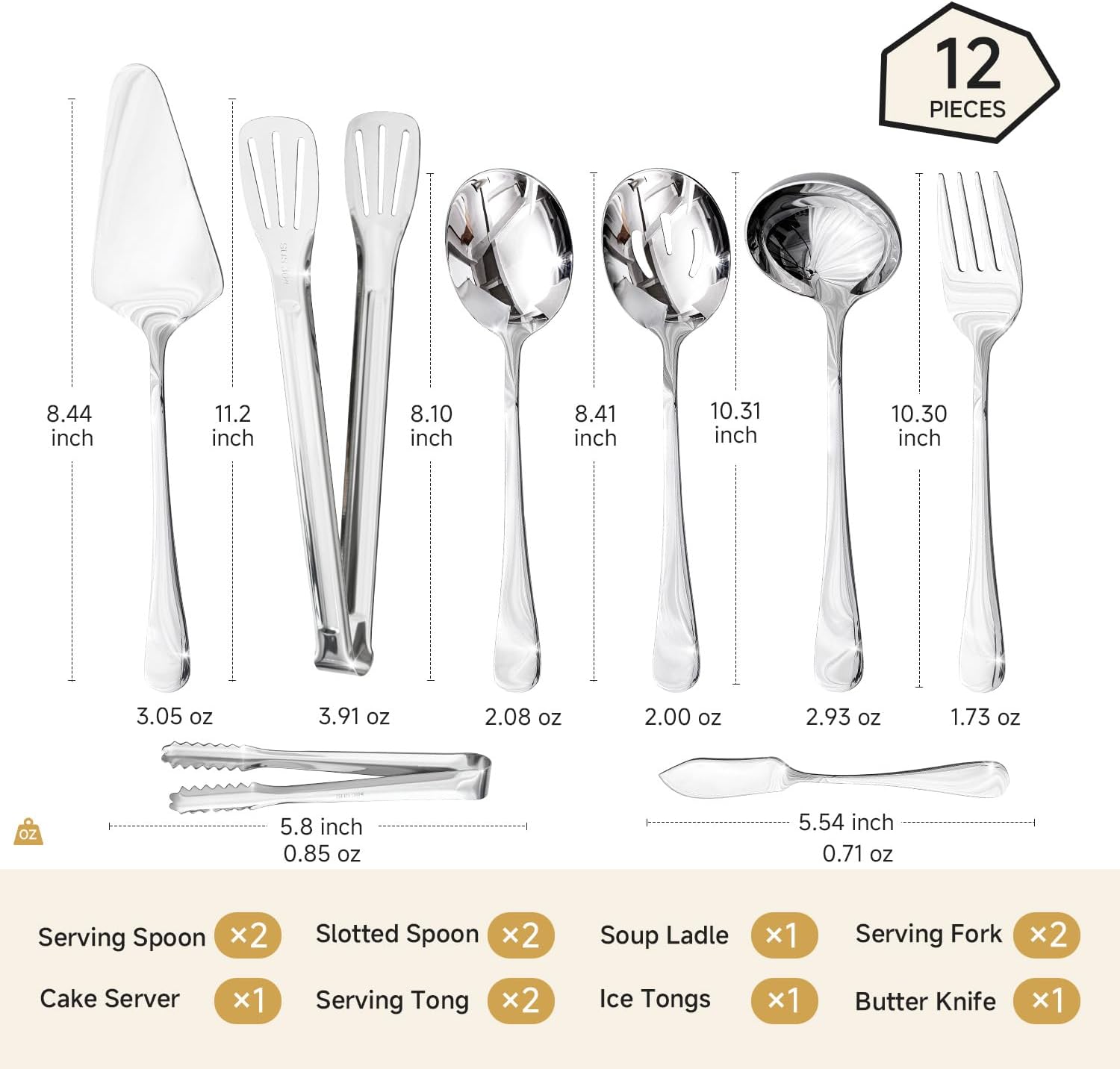 HIKAA 12PCS Serving Utensils Set, 18/10 Modern Serving Utensils Set for Kitchen, Stainless Steel Serving Utensils, Slotted Spoons, Forks, Tongs, Cake Server, Butter Knife for Buffet, Catering, Wedding