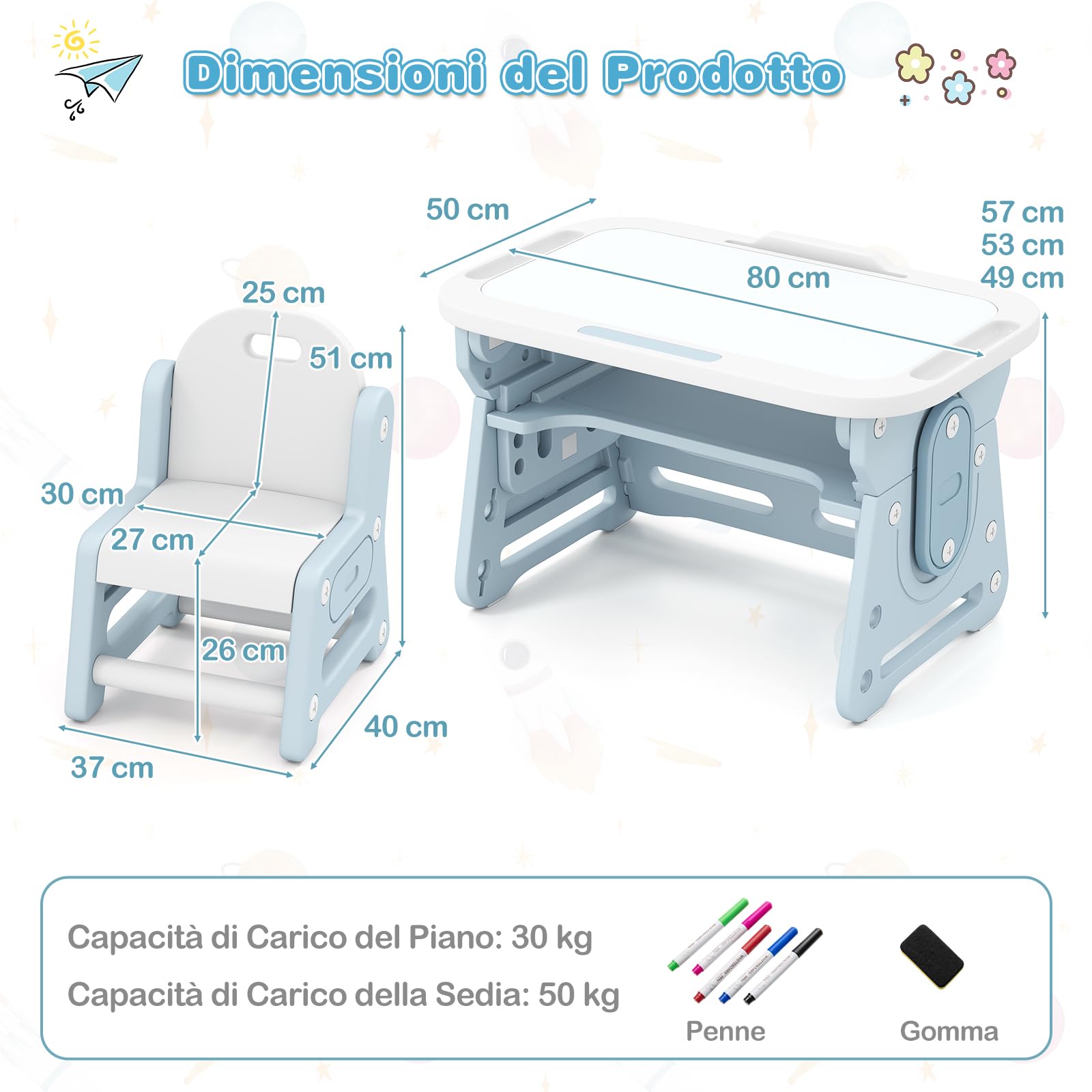COSTWAY Set Tavolo e Sedia per Bambini 3+ Anni, Tavolo Regolabile in Altezza con Lavagna Inclinabile, Sedia Ergonomica, Supporto per Libri e Ripiano Concavo, per Disegnare e Leggere (Blu)