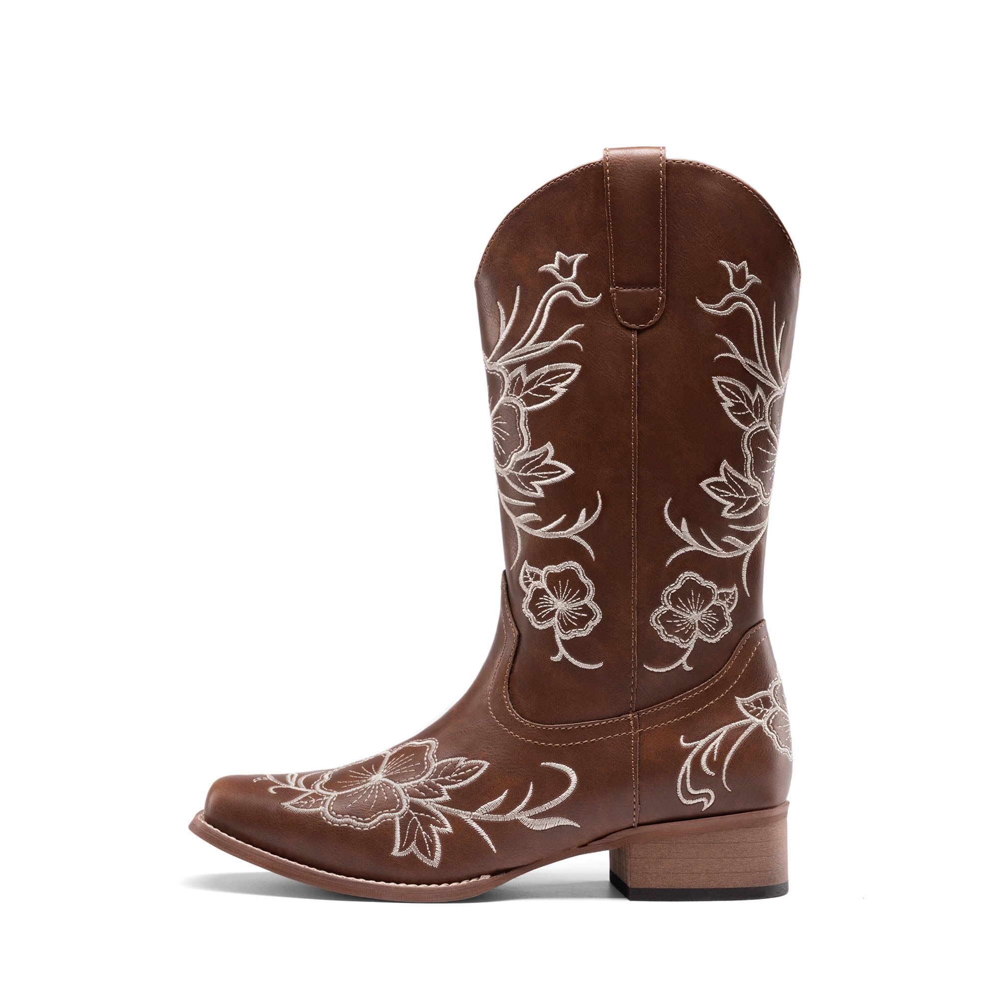 DREAM PAIRS Stivali da cowboy da donna con punta quadrata ricamata, tacco basso grosso, stile western, per festival di musica country, feste a tema e concerti, Marrone, 39.5 EU