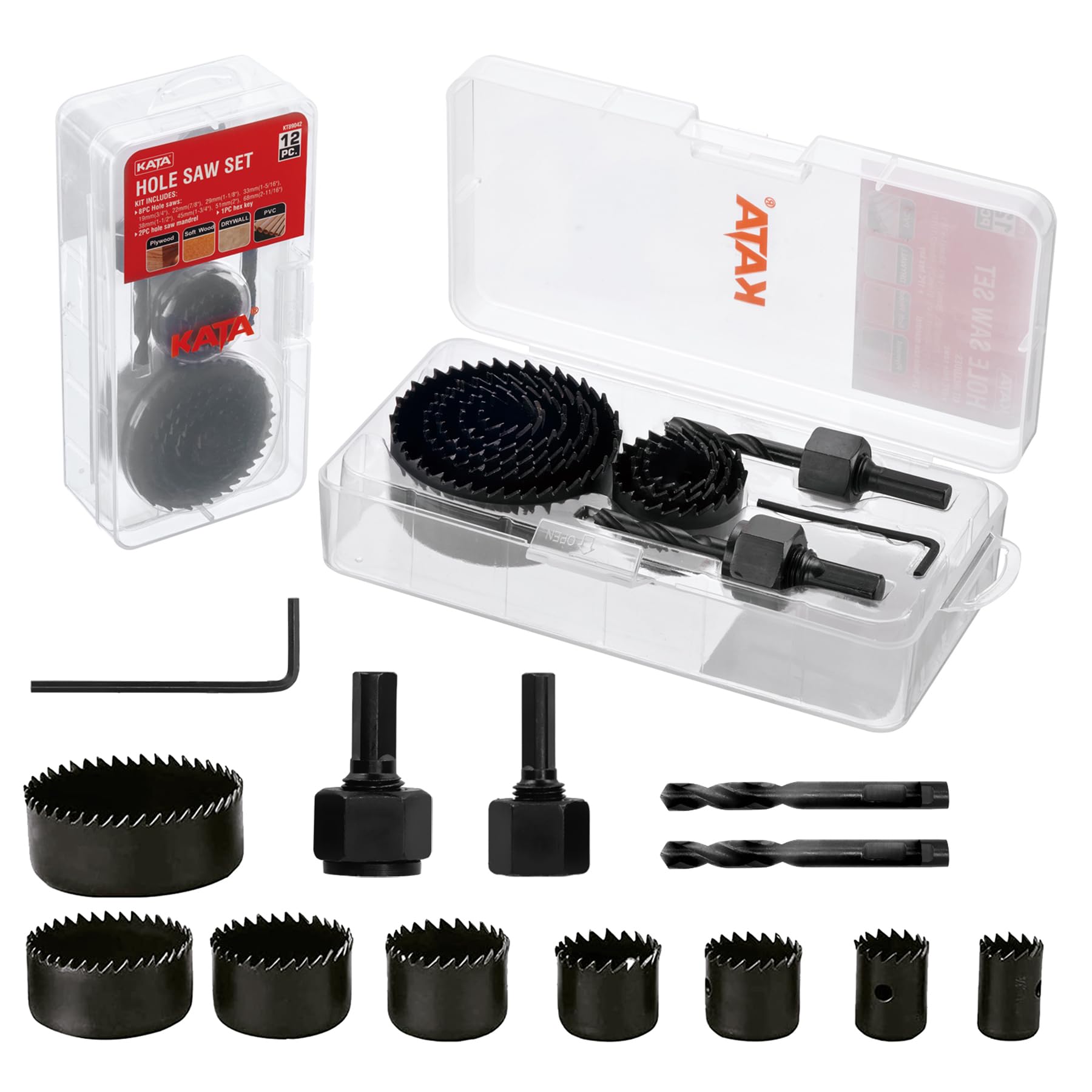 12PCS Hole Saw Kit 3/4"-2-11/16" (19-68mm) Hole Saw Set with Mandrels,Hex Key,Ideal for Soft Wood,PVC Board,Plywood,Drywall Drilling