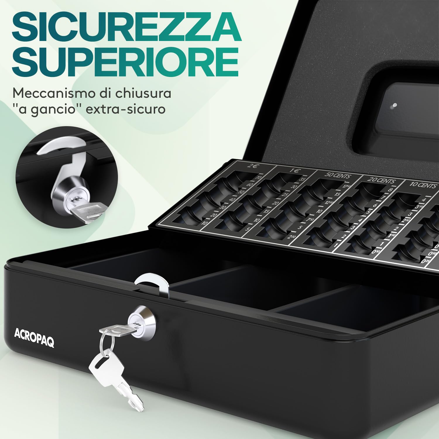 ACROPAQ Cassetta di sicurezza per soldi - (30 x 24 x 9 cm), Cassetta porta soldi con contamonete, Struttura in acciaio, Con 2 chiavi incluse, Nero - Porta banconote
