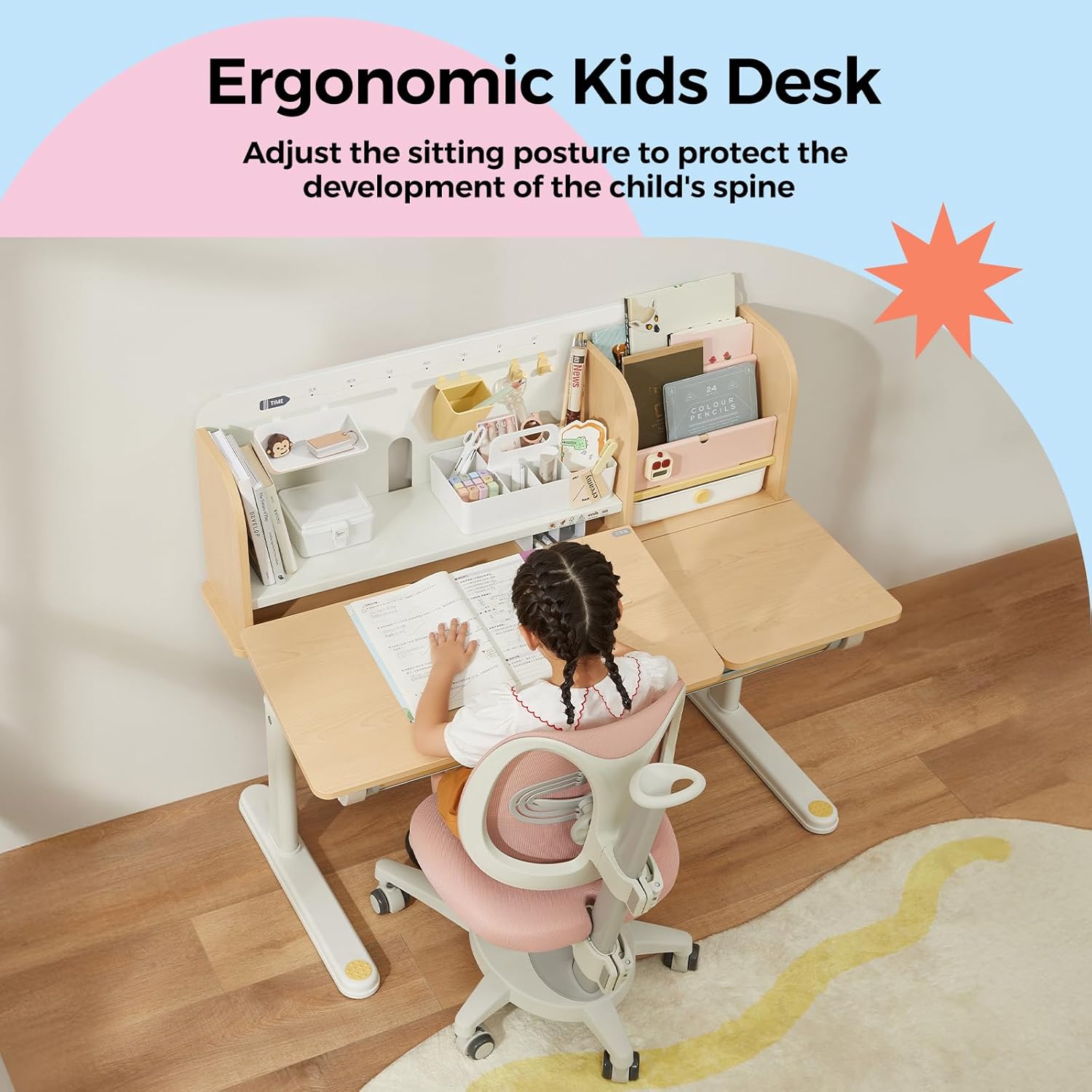 40in Kids Adjustable Desk, Solid Wood Study Table with Bookshelf & Storage, Ergonomic Wrist Rest, 0-50° Tilting Desktop, Height Adjustable 20.5-29.9 in for Kids Writing & Learning