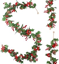Artificial Christmas Decoration Red Berries 175cm - Pine Garland for Winter, Holiday, New Year and Fireplace/Stairs