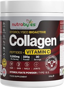 Collagen Powder with Vitamin C 11,000mg | Unflavoured Hydrolysed Bovine Collagen Peptides, Types 1 & 3 | Collagen Supplement for Women & Men | Sugar Free | 330g 30 Servings | Nutrabytes