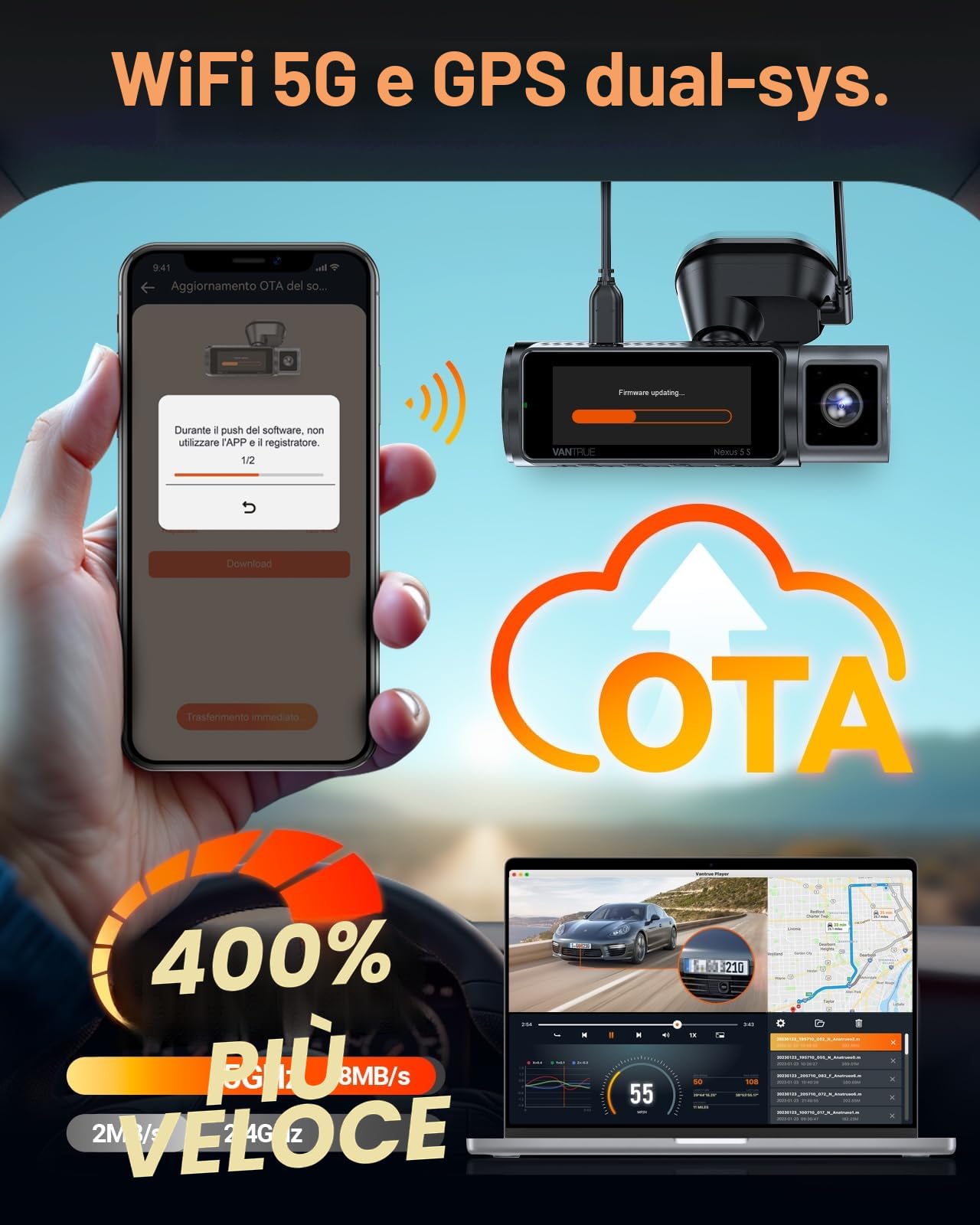VANTRUE N5S Telecamere Auto STARVIS 2, 4 canali Dash Cam 2.7K+ Dual 1080P+ 1440P anteriore, interno e posteriore, HDR, Wi-Fi 5G, Controllo vocale, GPS, Parcheggio buffer 24, LTE opzionale, max 1 TB