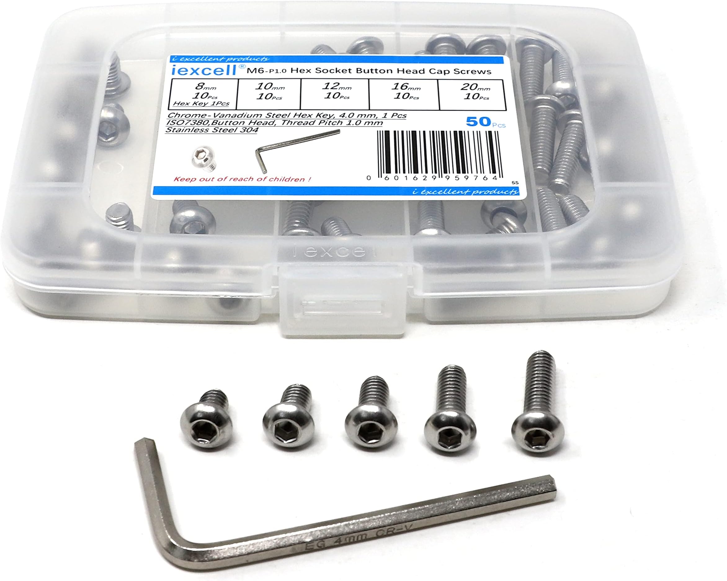 iexcell 50 Pcs M6 x 8/10/12/16/20 Stainless Steel 304 Hex Socket Button Head Cap Screws Bolts Assortment Kit, Thread Pitch 1.0 mm