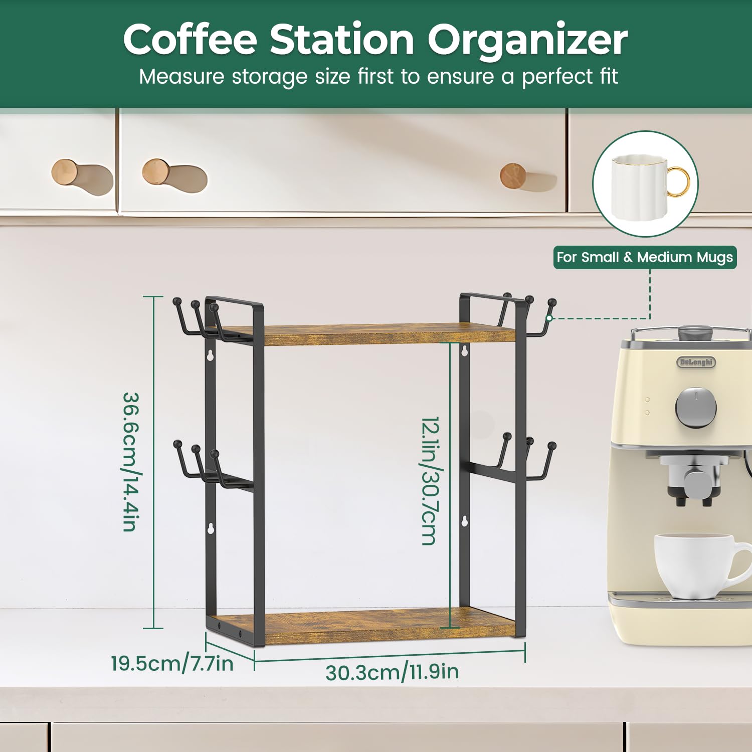 EsLuker.ly Soporte organizador de barra de café, soporte para tazas de encimera, estante de árbol de tazas de 2 niveles para cocina, oficina, estante de almacenamiento con 12 ganchos, crea una