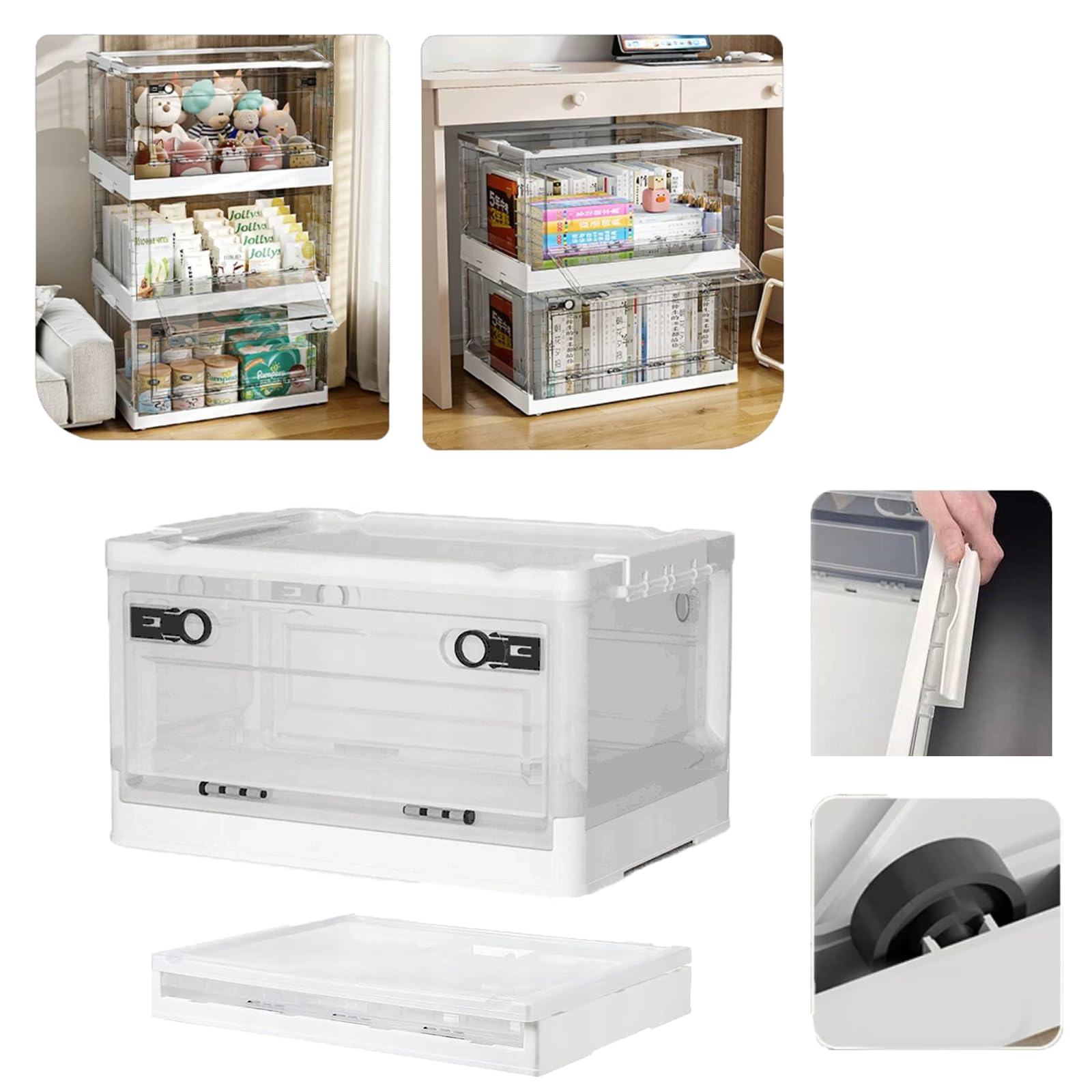 Hooha Aufbewahrungsbox Mit Deckel Und Rollen,Transparent Organizer, 56L Boxen,dreifache Öffnung,Stapelbar,PP Plastik, Für Spielzeug/Bücher/Kleidung/Getränke/Bettwäsche