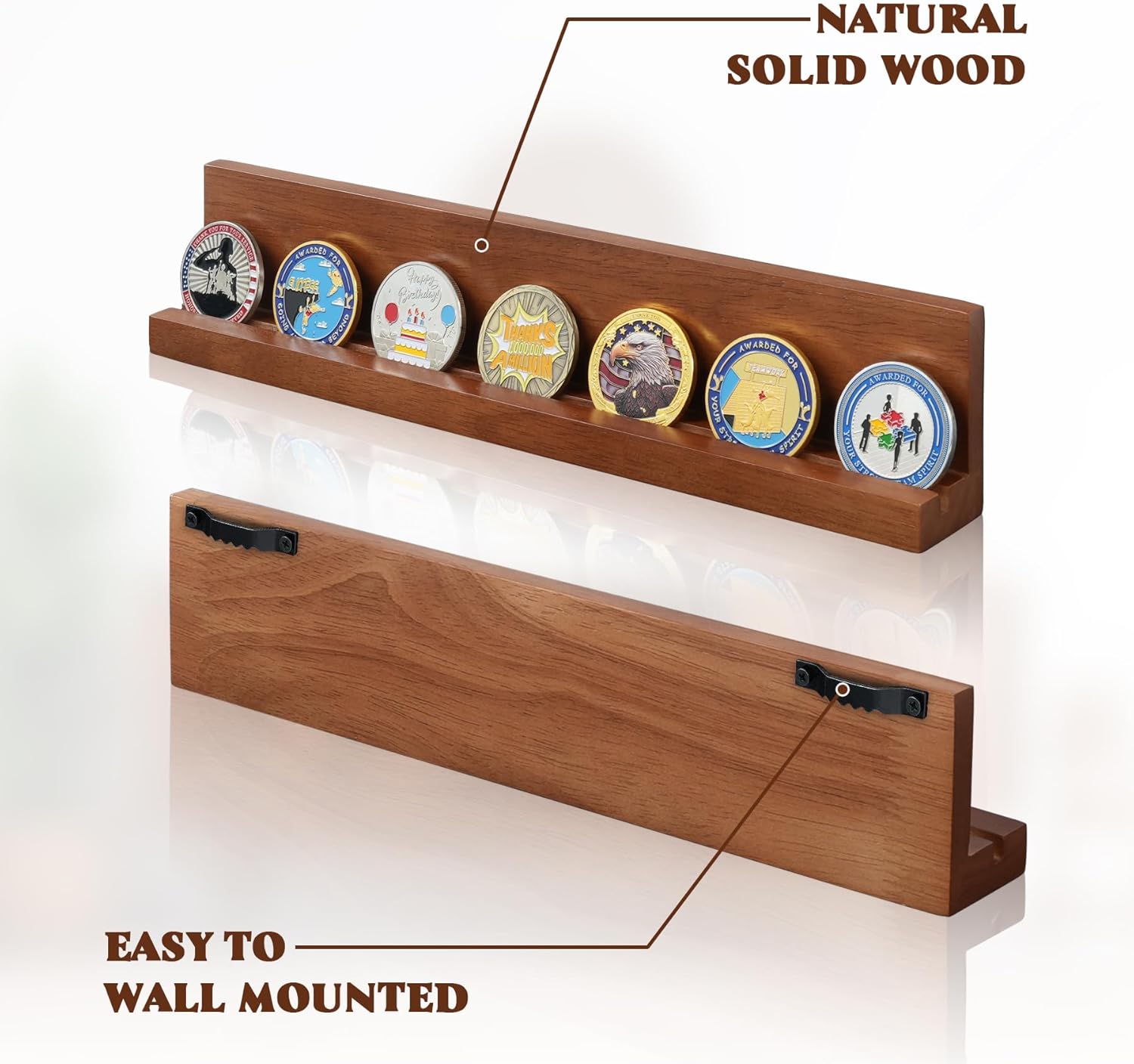 チャレンジコインホルダー壁取り付け、無垢材ミリタリーコインホルダー