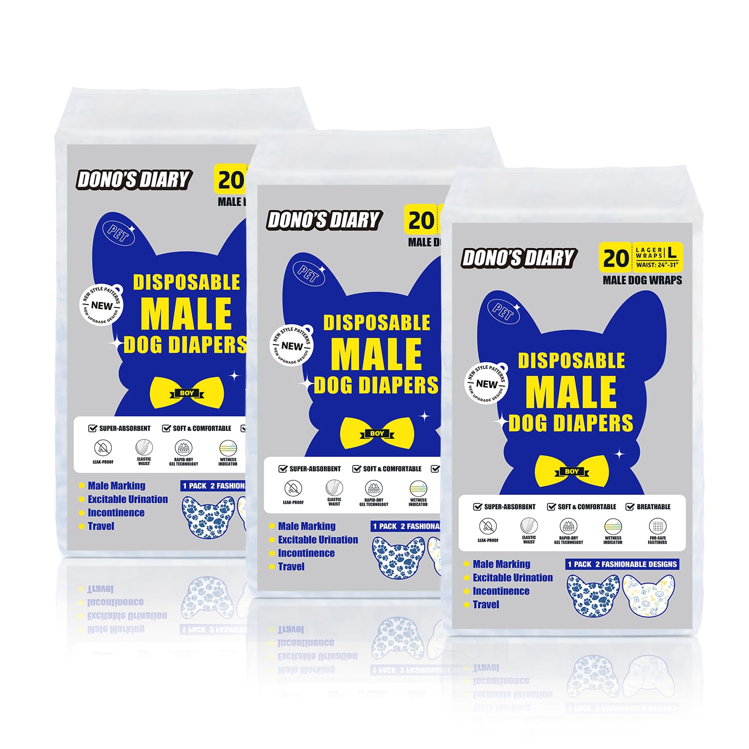 Dono Pañales desechables para perros machos, 60 unidades, pañales súper absorbentes para cachorros, tecnología de secado rápido, bandas para el vientre para marcado masculino, micción excitable