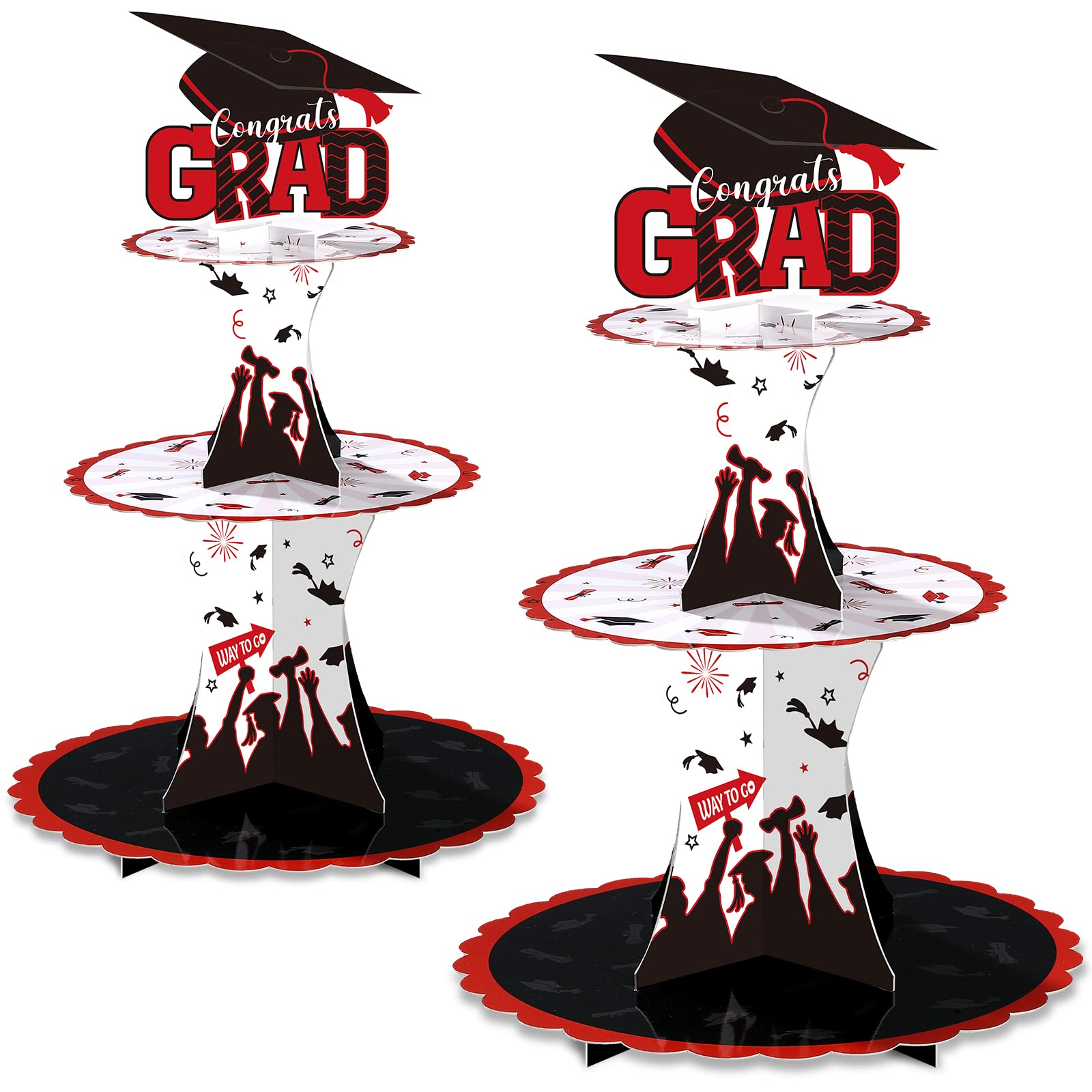 Présentoir à cupcakes de remise de diplôme à 3 étages noir et rouge par lot de 2