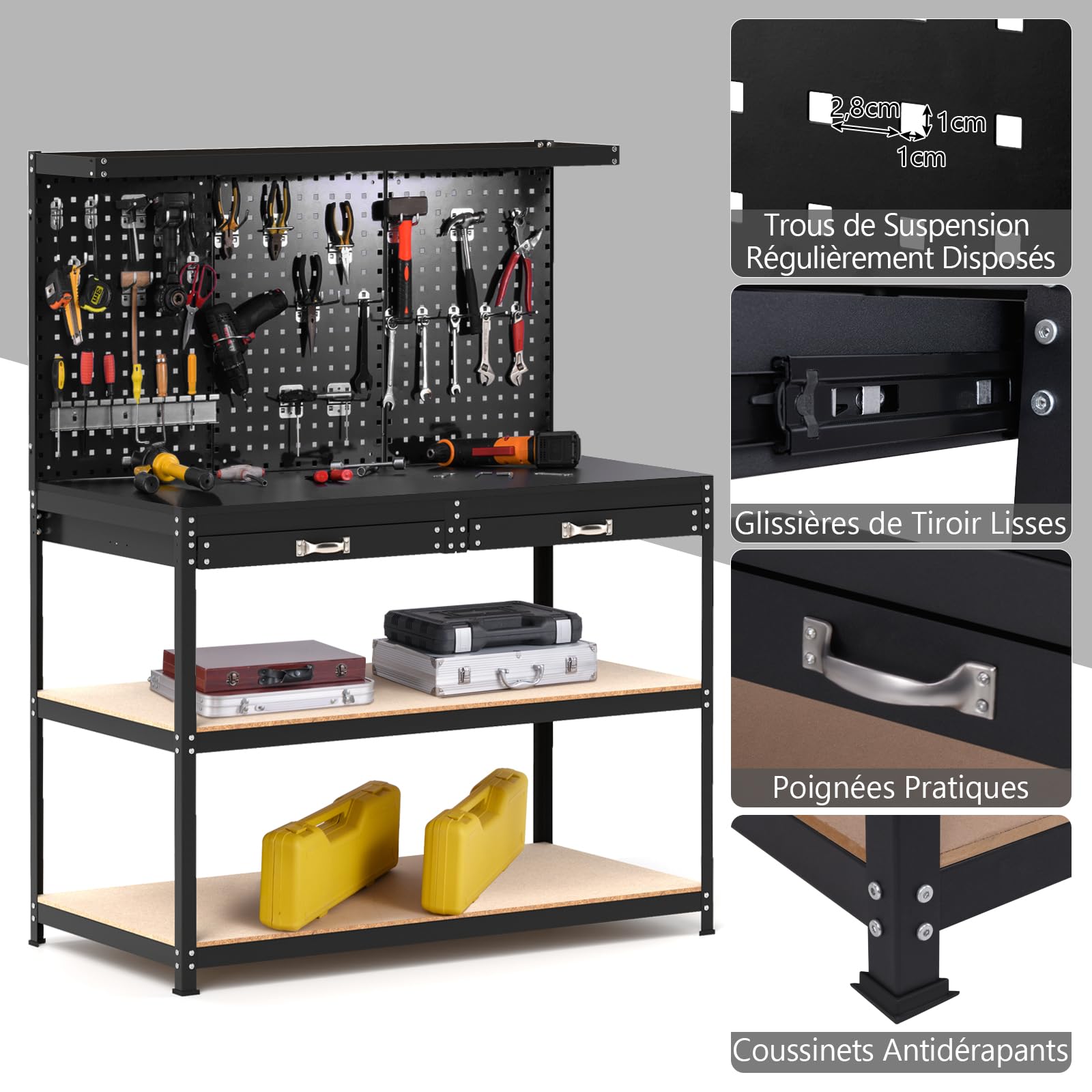GYMAX Établi Garage Atelier avec Table de Travail, 24 Crochets pour Rangement d'Outils, Panneau Perforé, 2 Tiroirs, 3 Etagères Ouvertes, Charge Max. 230 KG(Noir)