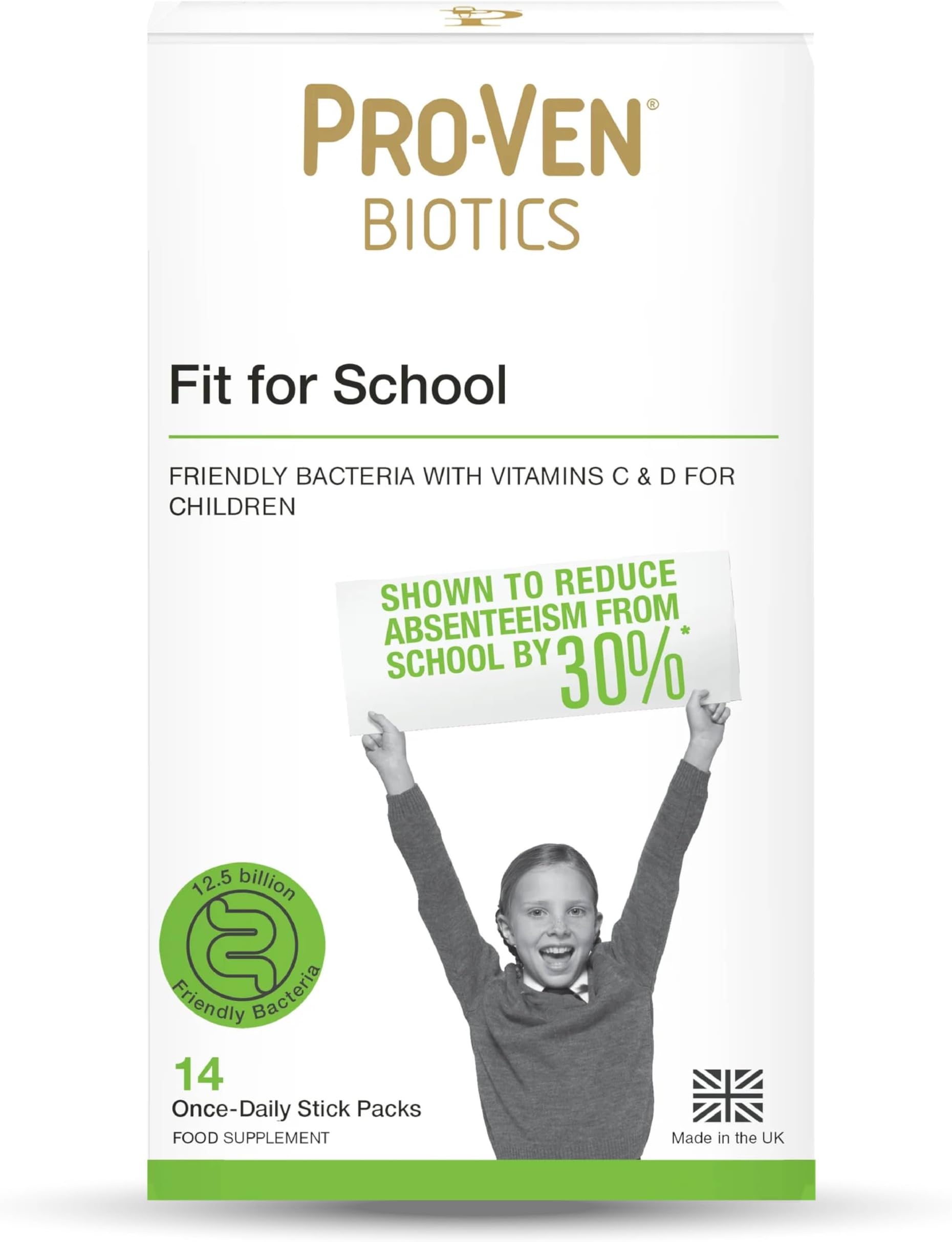Probiotics for Children (3-16) Fit for School Immune Health 12.5 Billion CFU Friendly Bacteria, Vitamin C & Vitamin D Supplement 14 Powder Sachets