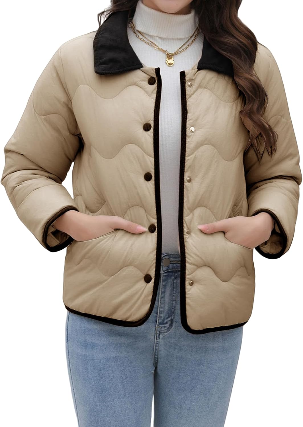 Women's Quilted Barn Jackets Winter Stand Collar Zip Up Snap Button Bomber Jacket Warm Lightweight Short Quilted Coat