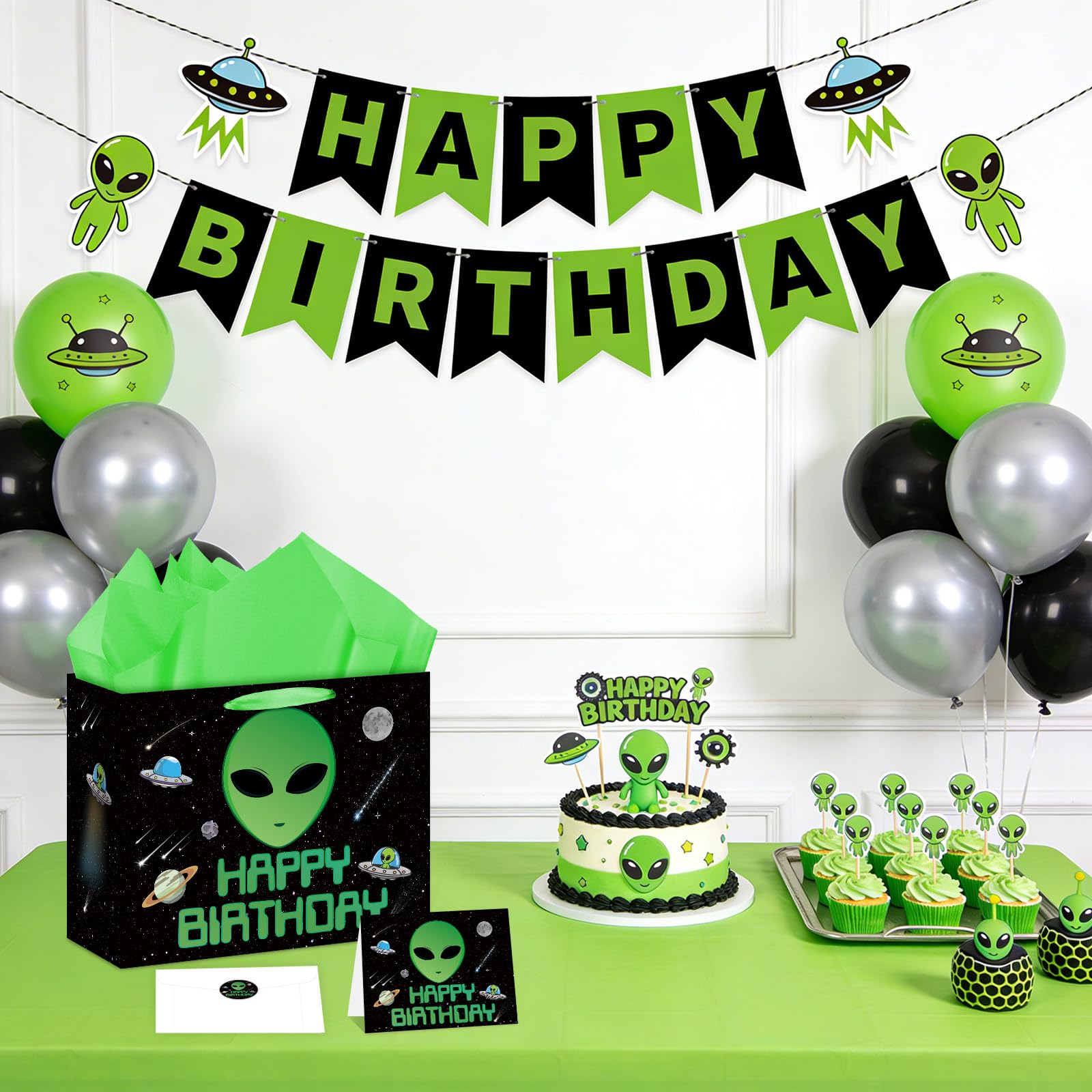 Allparty Alien Birthday Gift Bag Outer Space Gift Bag with Wrapping Paper Card Sticker Envelope UFO Theme Party Favors Decorations Gifts Presents for Alien Lovers Baby Shower Birthday