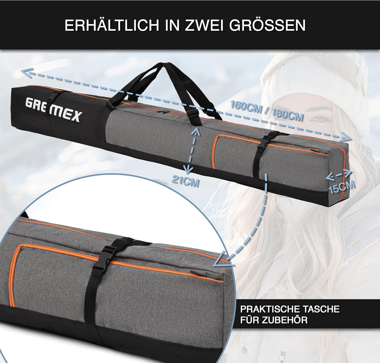 Skitasche - Skisack für 1 Paar Ski - wasserdichte Skitasche - Robuster Leichte Ski Tasche - Ergonomisch Skisack - Skisack Alpinski - Kompakte Skisack Skitasche Alpin - Ski Zubehör