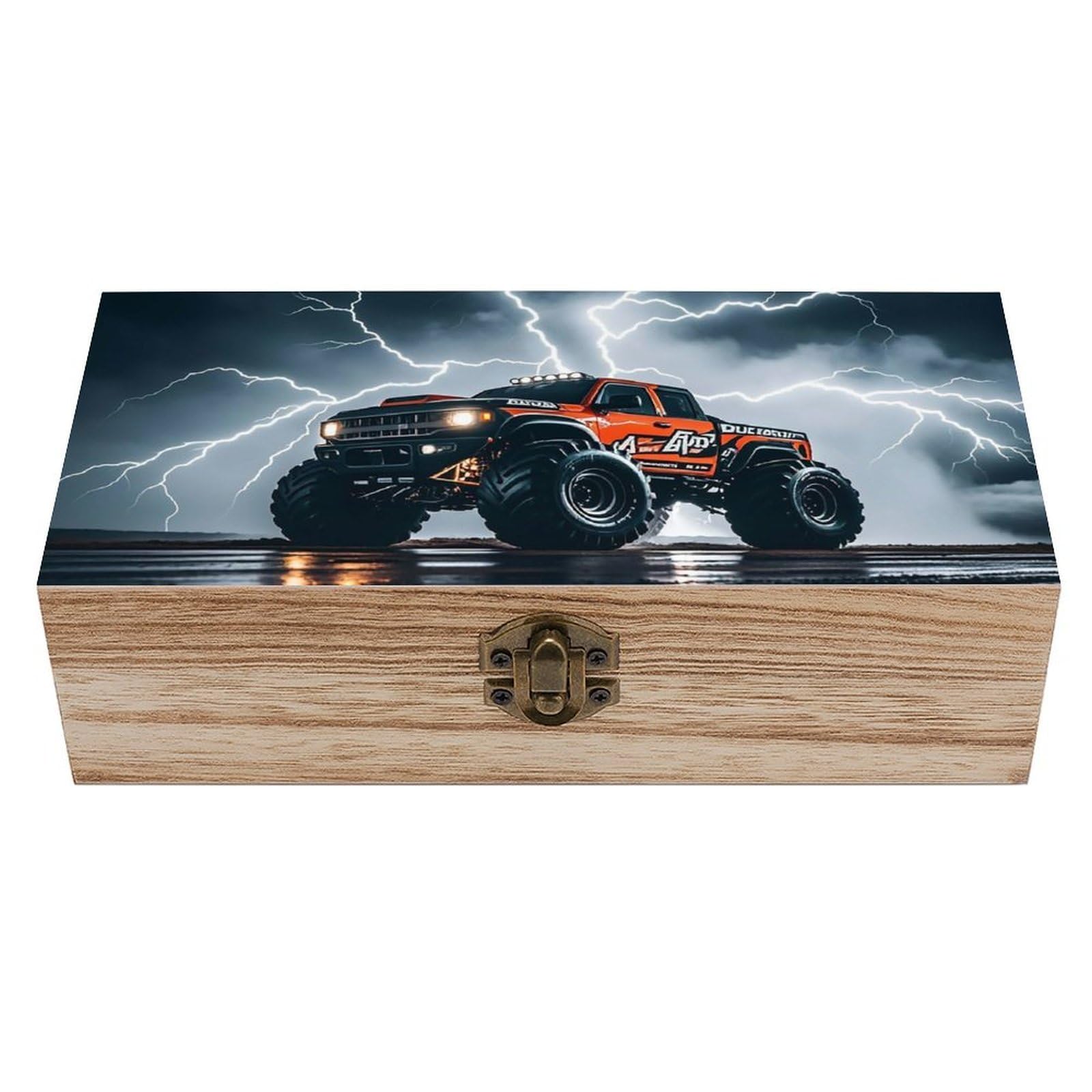 Monster Truck Black Sky Lightning Roar Wooden Keepsake Box with Hinged Lid Handmade Memory Box for Wedding Keepsakes Crafts Jewelry Photos Elegant Decorative Storage Boxes Ideal Bridal Shower Gift