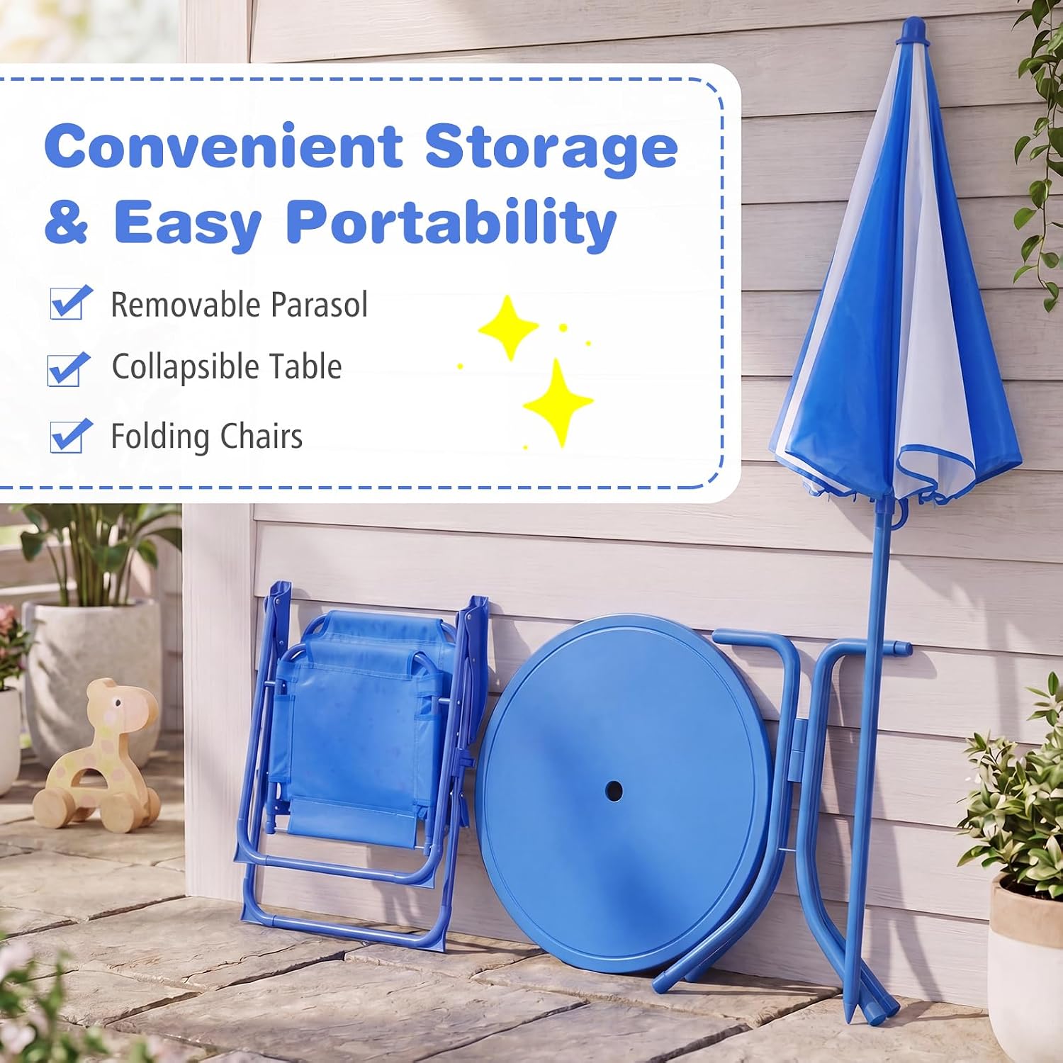 Costzon Kids Picnic Table, Kids Outdoor Table with 2 Folding Chairs, Height Adjustable Umbrella, Portable Children Outdoor Furniture for Patio, Garden, Backyard (Blue Ocean)